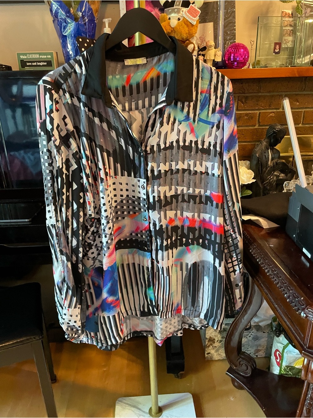 Abstract Multicolor Button-Down Blouse with Black Collar